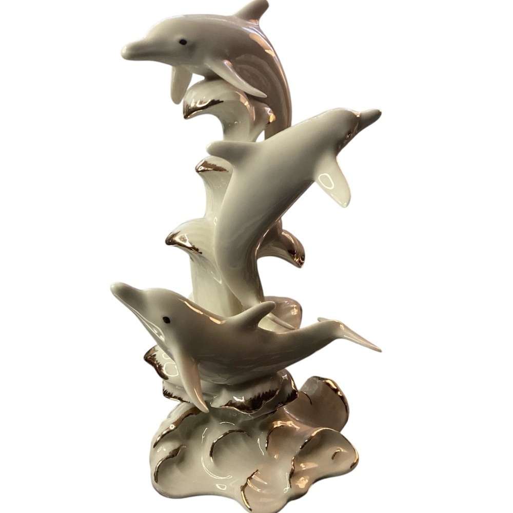 Rare Lenox Wave dancers Cream & Gold Dolphins Figurine Vintage Porcelain